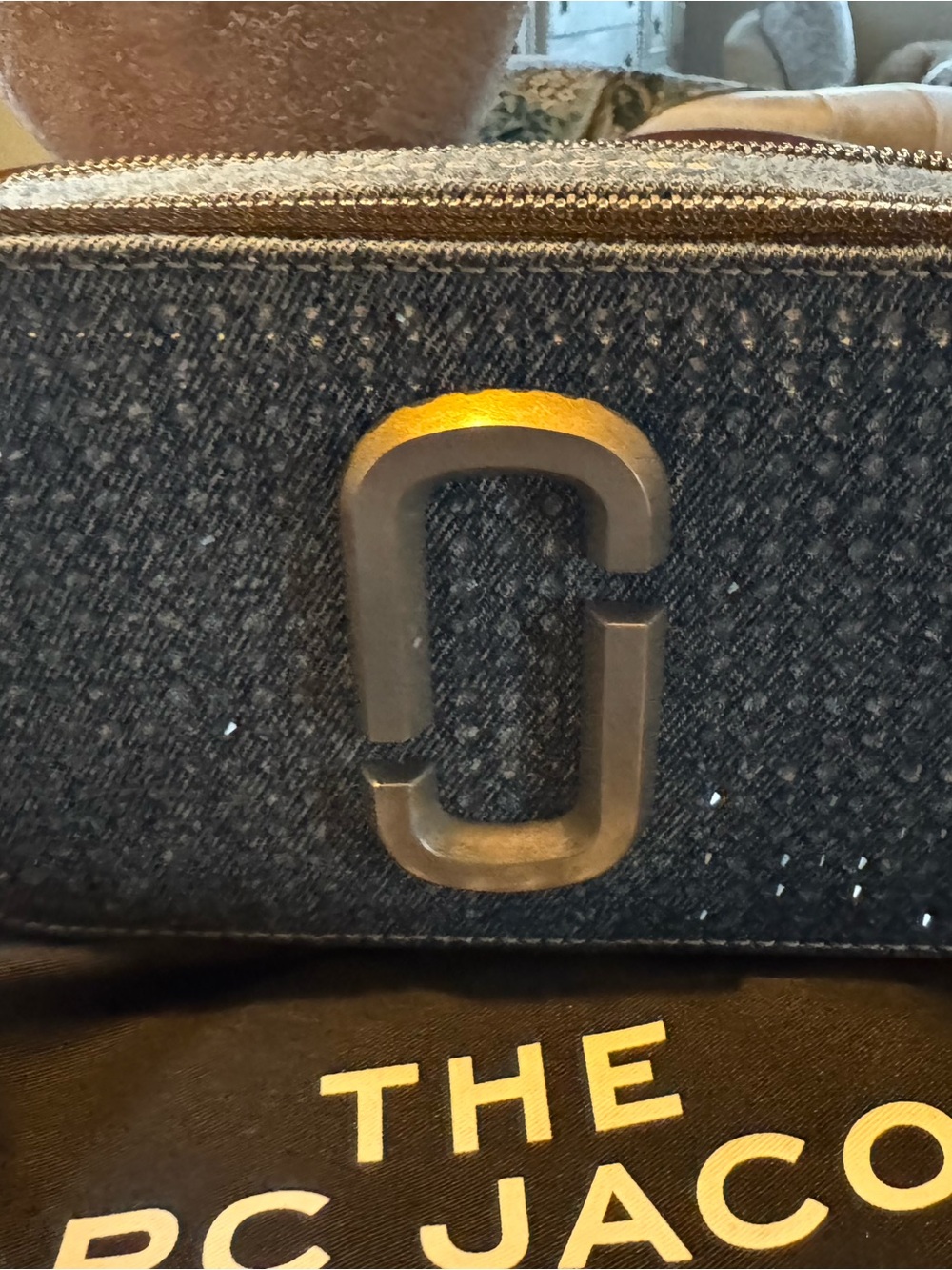 Marc Jacobs Denim Crystal snapshot camera bag with web strap